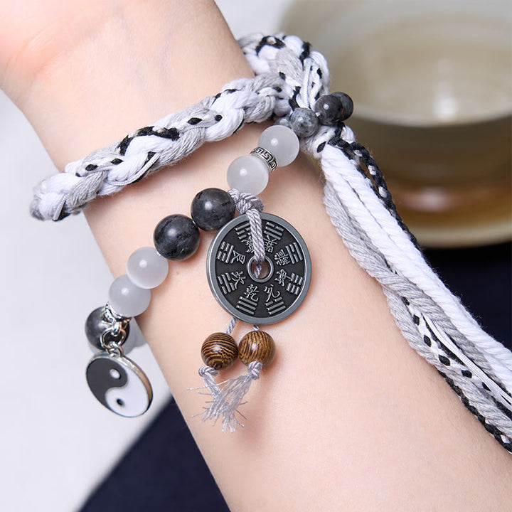 Buddha Stones Black Glitter Stone Cat's Eye Yin Yang Mountain Ghosts Spend Money Power Double Layer Rope Bracelet - image 2