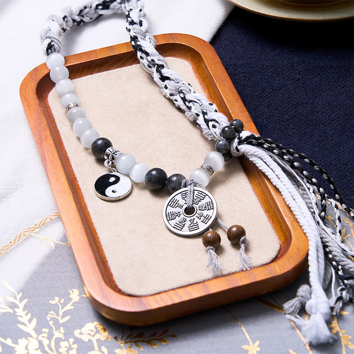 Buddha Stones Black Glitter Stone Cat's Eye Yin Yang Mountain Ghosts Spend Money Power Double Layer Rope Bracelet - image 4