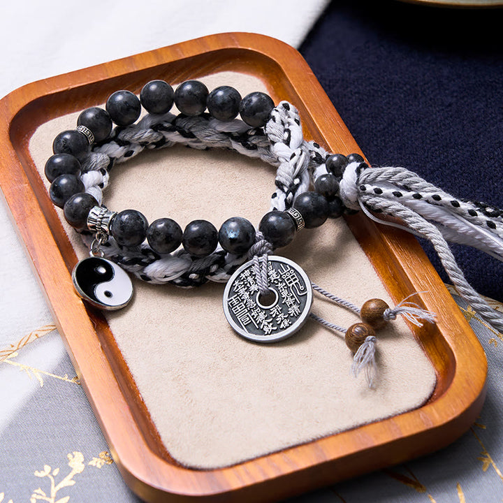 Buddha Stones Black Glitter Stone Cat's Eye Yin Yang Mountain Ghosts Spend Money Power Double Layer Rope Bracelet - image 7