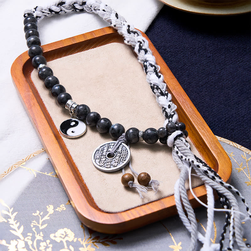 Buddha Stones Black Glitter Stone Cat's Eye Yin Yang Mountain Ghosts Spend Money Power Double Layer Rope Bracelet - image 8