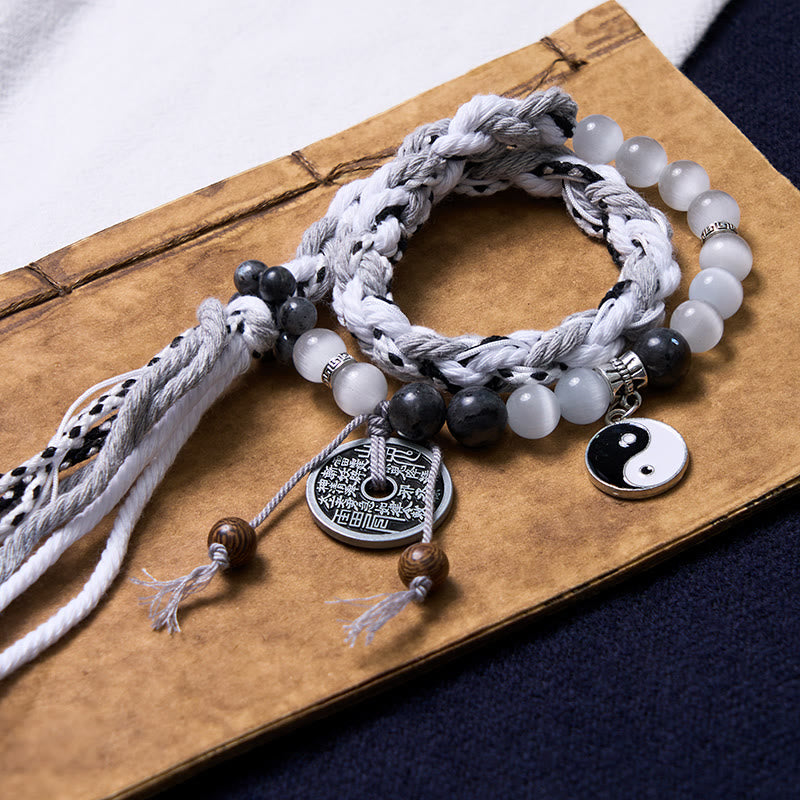 Buddha Stones Black Glitter Stone Cat's Eye Yin Yang Mountain Ghosts Spend Money Power Double Layer Rope Bracelet - image 1
