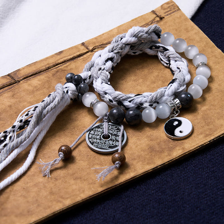 Buddha Stones Black Glitter Stone Cat's Eye Yin Yang Mountain Ghosts Spend Money Power Double Layer Rope Bracelet - image 1