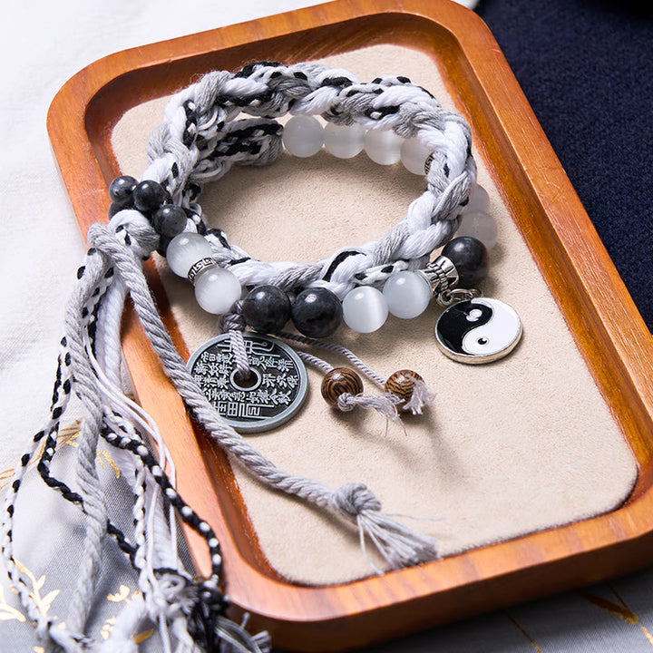 Buddha Stones Black Glitter Stone Cat's Eye Yin Yang Mountain Ghosts Spend Money Power Double Layer Rope Bracelet - image 3
