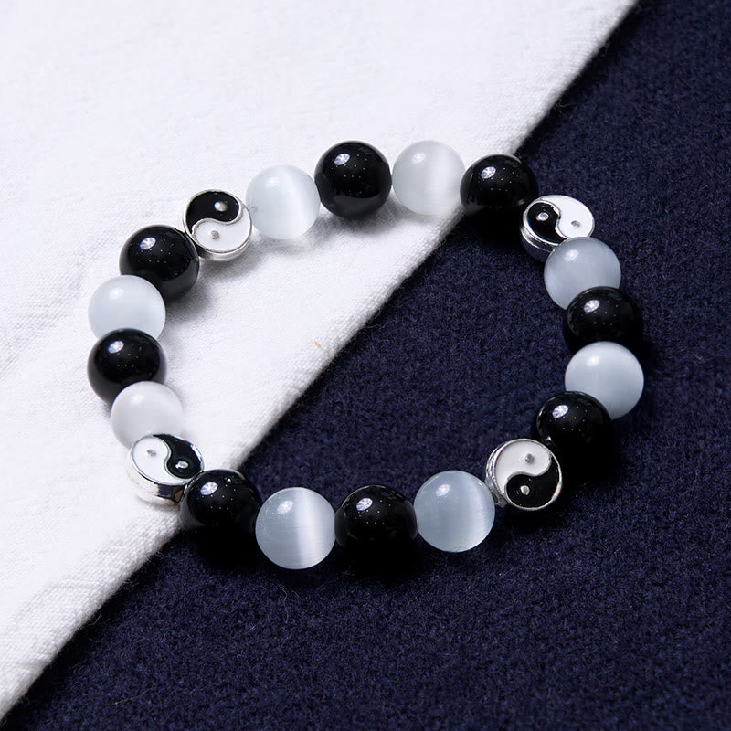 Buddha Stones Black Obsidian Cat's Eye Yin Yang Purification Strength Bracelet - image 2