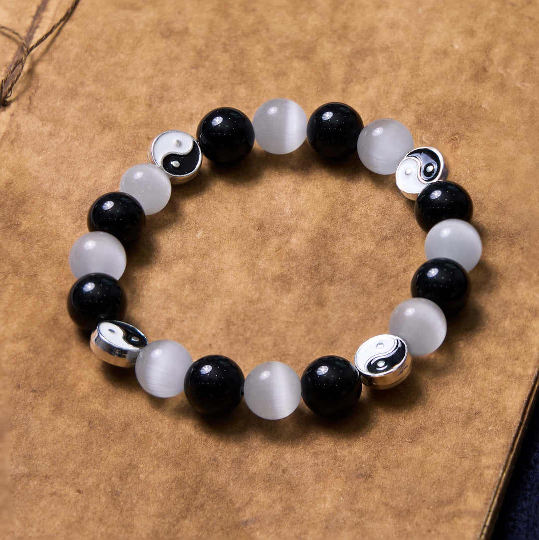 Buddha Stones Black Obsidian Cat's Eye Yin Yang Purification Strength Bracelet - Black Obsidian&Cat's Eye(Wrist Circumference 14-15cm) - image 0