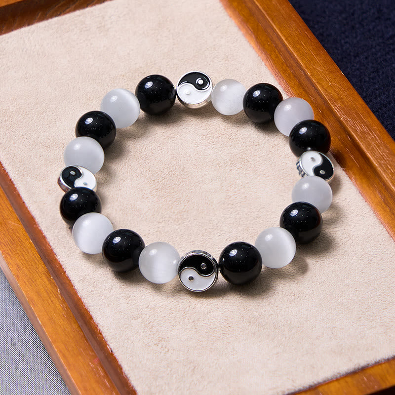 Buddha Stones Black Obsidian Cat's Eye Yin Yang Purification Strength Bracelet - image 1
