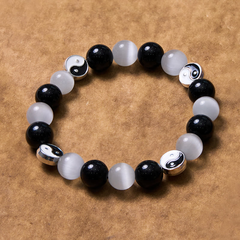 Buddha Stones Black Obsidian Cat's Eye Yin Yang Purification Strength Bracelet - image 3