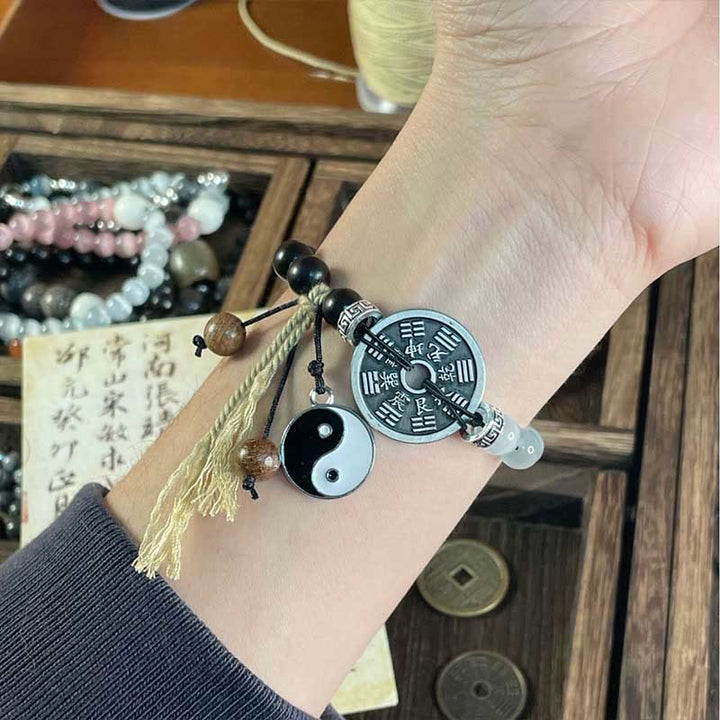 Buddha Stones Cat's Eye Ebony Wood Yin Yang Bagua Coin Support Rope Bracelet - image 3