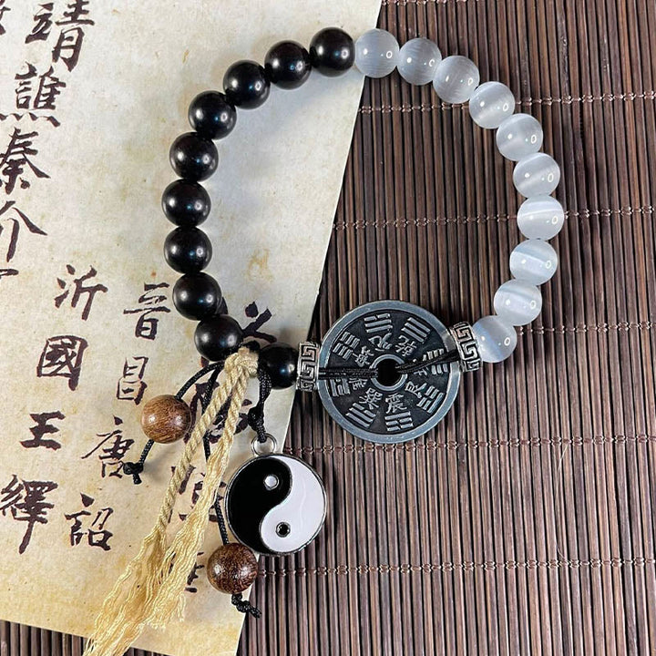 Buddha Stones Cat's Eye Ebony Wood Yin Yang Bagua Coin Support Rope Bracelet - image 2