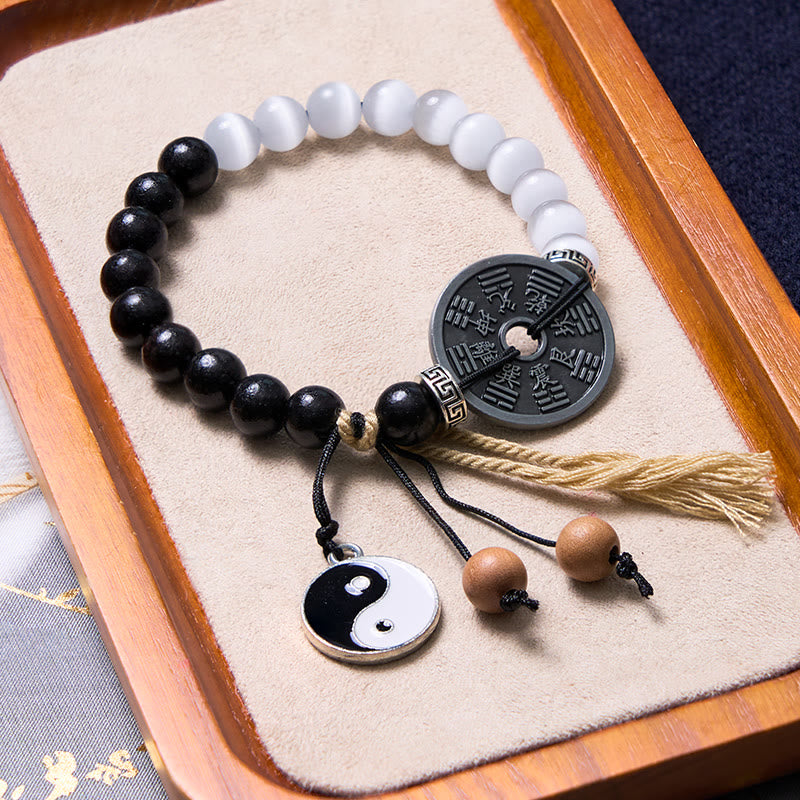Buddha Stones Cat's Eye Ebony Wood Yin Yang Bagua Coin Support Rope Bracelet - image 1