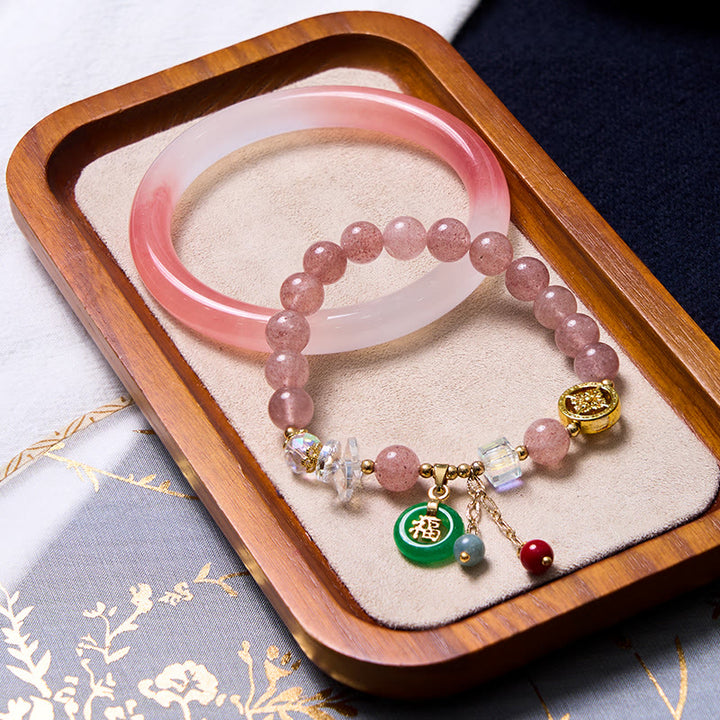 Buddha Stones Attracting Love and Protection Pink Bracelet Bangle Bundle - Strawberry Quartz Bracelet&Pink Golden Silk Jade 62-64mm - image 0