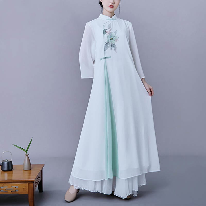 Buddha Stones 2Pcs Flower Three Quarter Sleeve Midi Dress Skirt Chiffon Zen Clothing Women's Set - Dress&Skirt - 2XL(Fit for US6; UK/AU10; EU38) - image 0