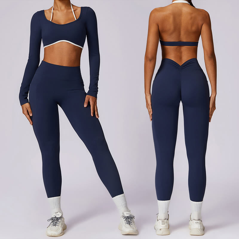 Buddha Stones Solid Color Halter Neck Bra Long Sleeve Crop Tank Top Pants Sports Fitness Gym Yoga Outfits - image 0