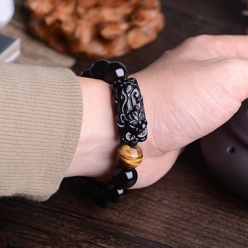 Buddha Stones Natural Black Obsidian PiXiu Tiger's Eye Strength Bracelet - image 4