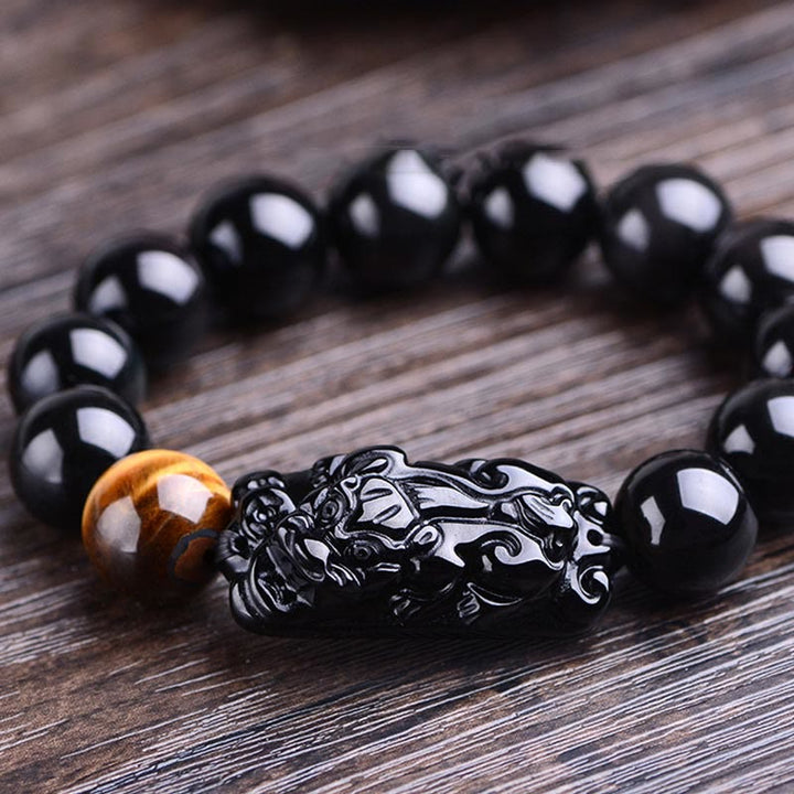 Buddha Stones Natural Black Obsidian PiXiu Tiger's Eye Strength Bracelet - image 9