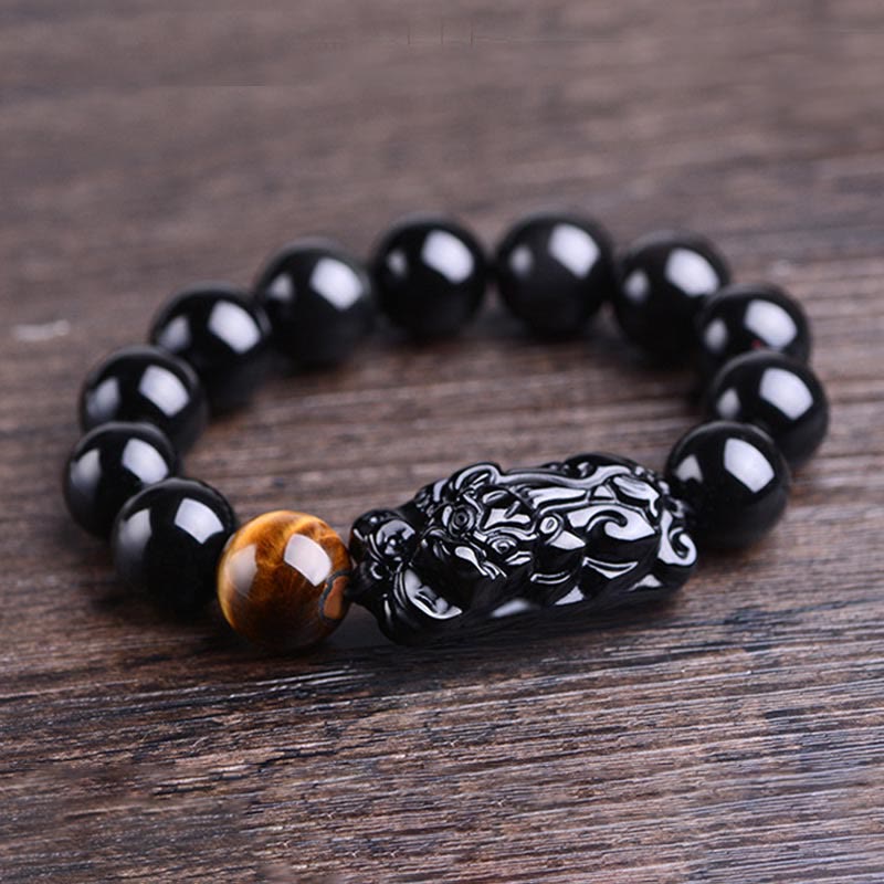 Buddha Stones Natural Black Obsidian PiXiu Tiger's Eye Strength Bracelet - image 8