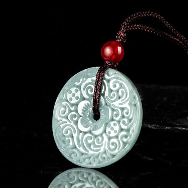 Buddha Stones Green Jade Flower Carved Peace Buckle Abundance Necklace Pendant - image 1