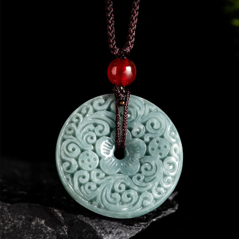Buddha Stones Green Jade Flower Carved Peace Buckle Abundance Necklace Pendant - image 8