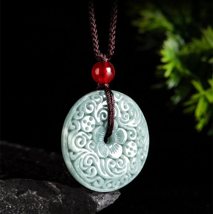 Buddha Stones Green Jade Flower Carved Peace Buckle Abundance Necklace Pendant - image 2