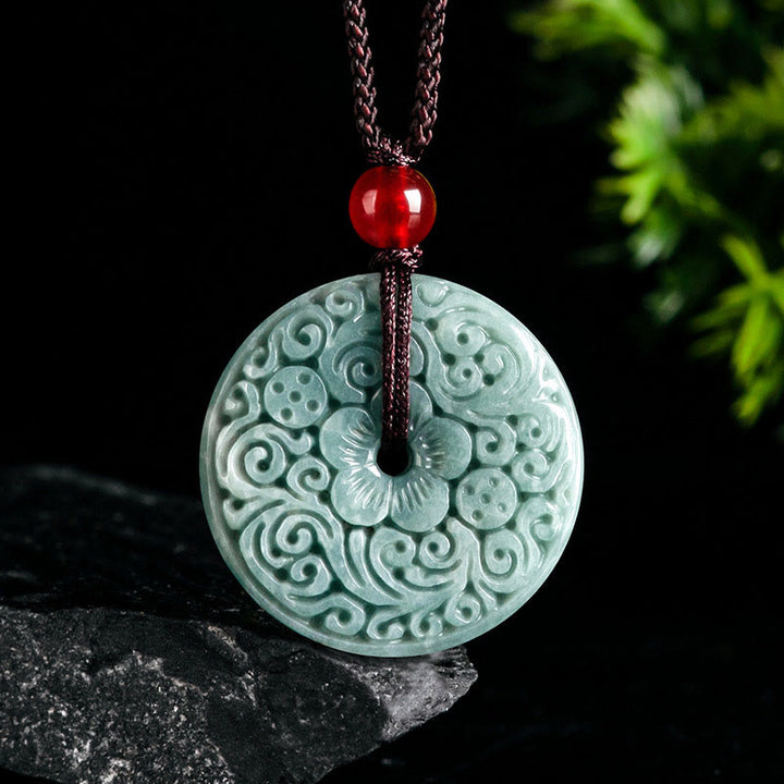 Buddha Stones Green Jade Flower Carved Peace Buckle Abundance Necklace Pendant - Jade(Prosperity♥Abundance) - image 0