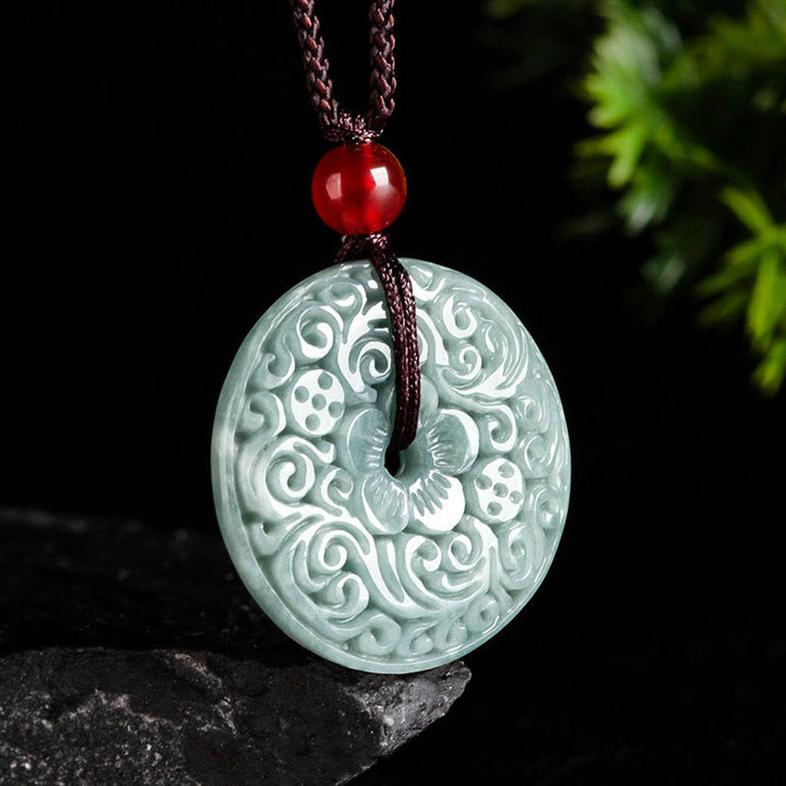 Buddha Stones Green Jade Flower Carved Peace Buckle Abundance Necklace Pendant - image 9