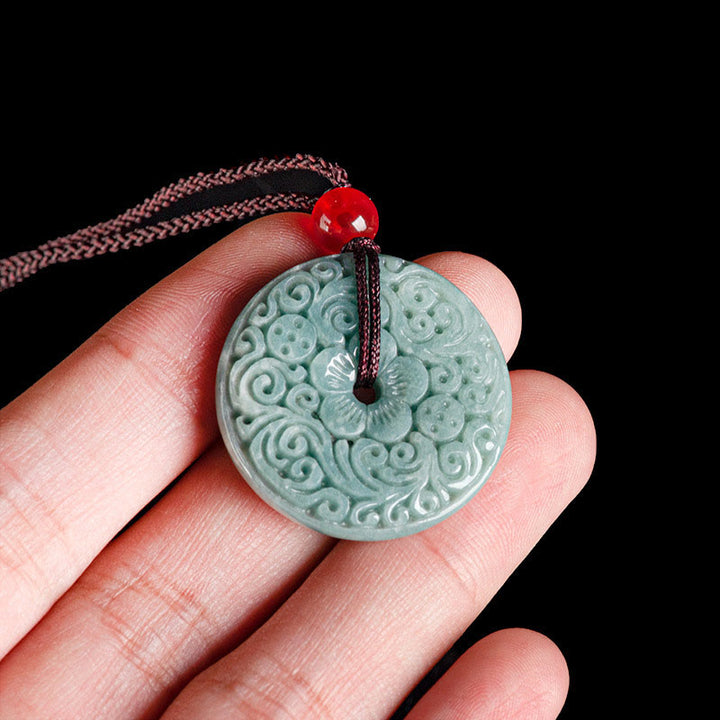 Buddha Stones Green Jade Flower Carved Peace Buckle Abundance Necklace Pendant - image 7