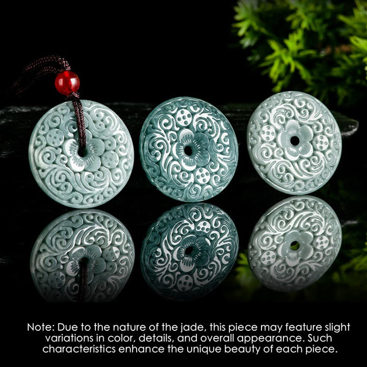 Buddha Stones Green Jade Flower Carved Peace Buckle Abundance Necklace Pendant - image 4