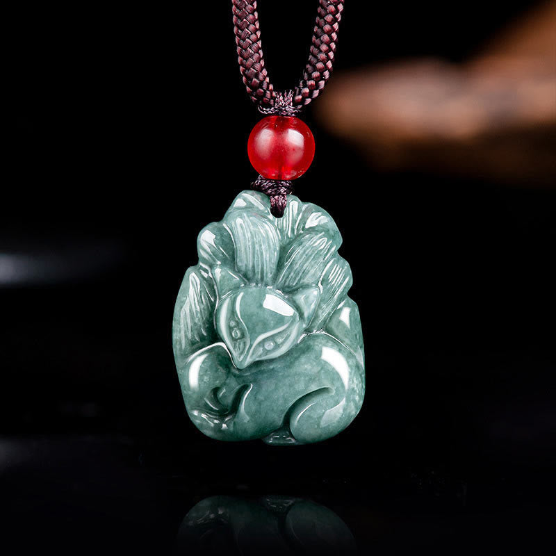 Buddha Stones Natural Green Jade Nine Tailed Fox Engraved Prosperity Necklace Pendant - image 2