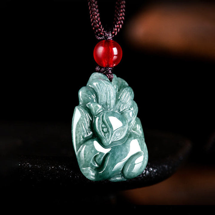 Buddha Stones Natural Green Jade Nine Tailed Fox Engraved Prosperity Necklace Pendant - image 1