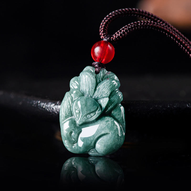 Buddha Stones Natural Green Jade Nine Tailed Fox Engraved Prosperity Necklace Pendant - Jade - image 0