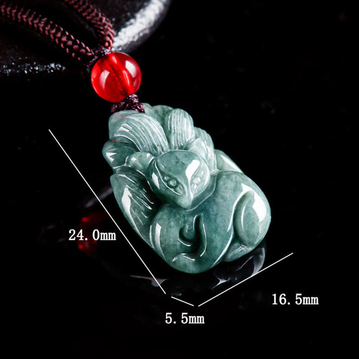 Buddha Stones Natural Green Jade Nine Tailed Fox Engraved Prosperity Necklace Pendant - image 10