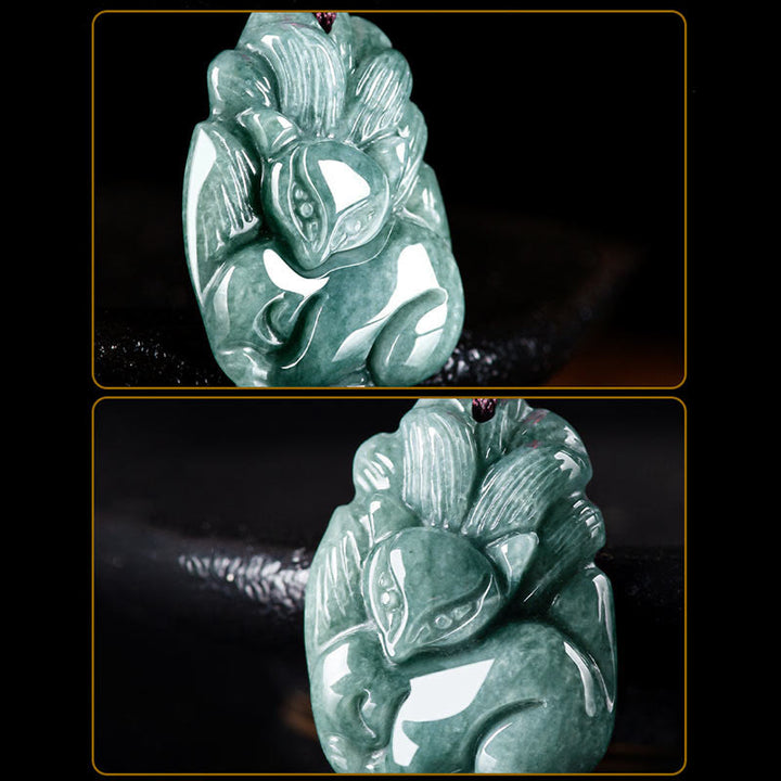 Buddha Stones Natural Green Jade Nine Tailed Fox Engraved Prosperity Necklace Pendant - image 9