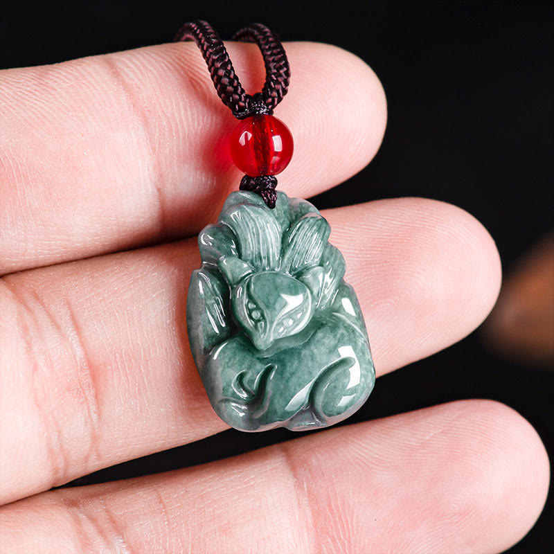 Buddha Stones Natural Green Jade Nine Tailed Fox Engraved Prosperity Necklace Pendant - image 7
