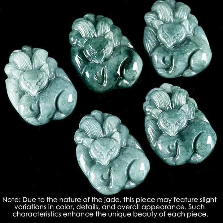 Buddha Stones Natural Green Jade Nine Tailed Fox Engraved Prosperity Necklace Pendant - image 4