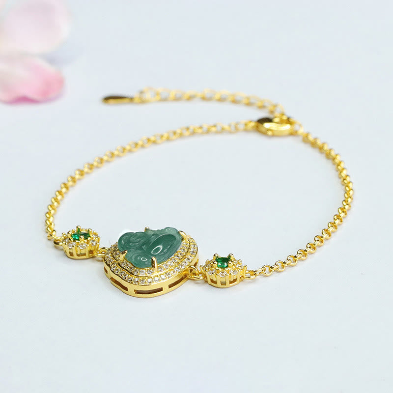 Buddha Stones Laughing Buddha Green Jade Zircon Luck Chain Bracelet - image 5