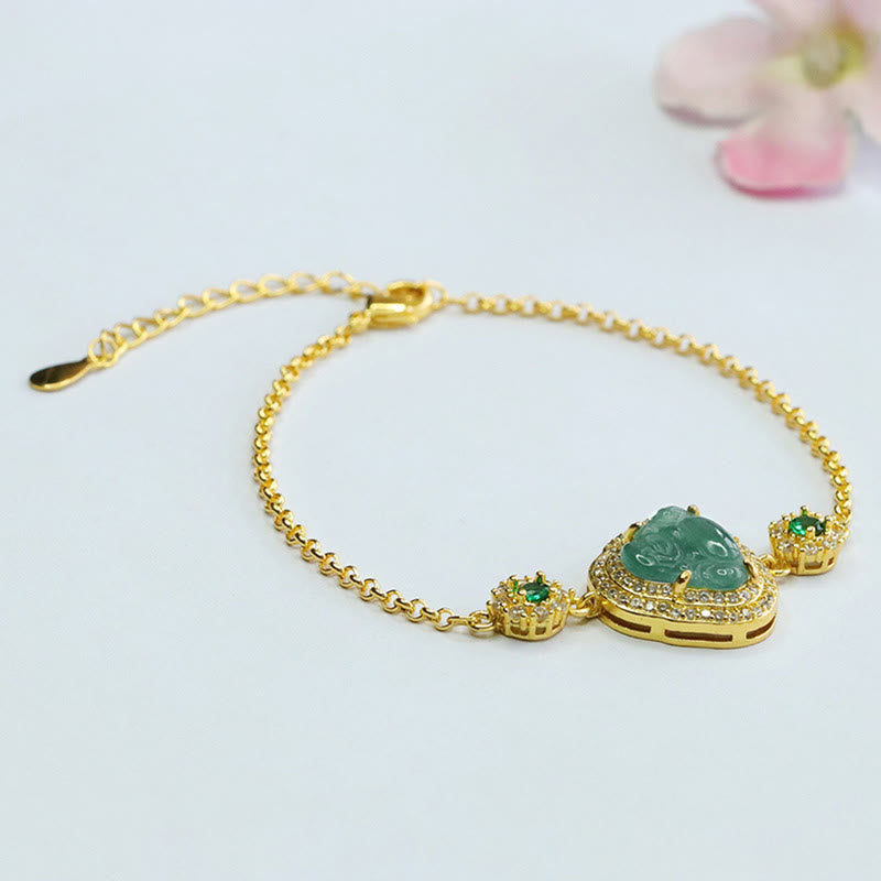 Buddha Stones Laughing Buddha Green Jade Zircon Luck Chain Bracelet - image 4