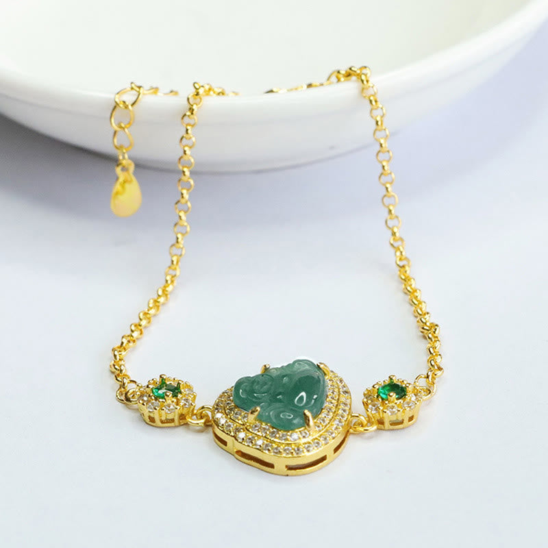 Buddha Stones Laughing Buddha Green Jade Zircon Luck Chain Bracelet - image 1