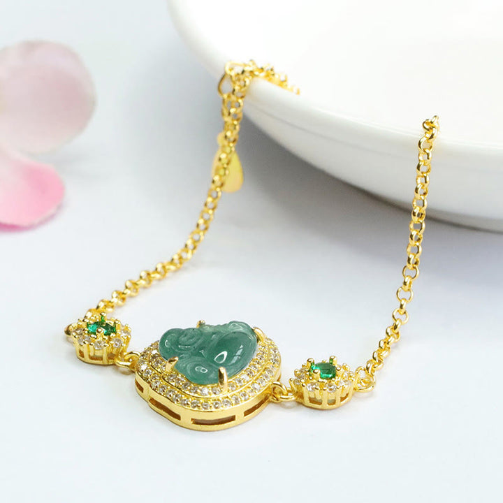 Buddha Stones Laughing Buddha Green Jade Zircon Luck Chain Bracelet - image 3