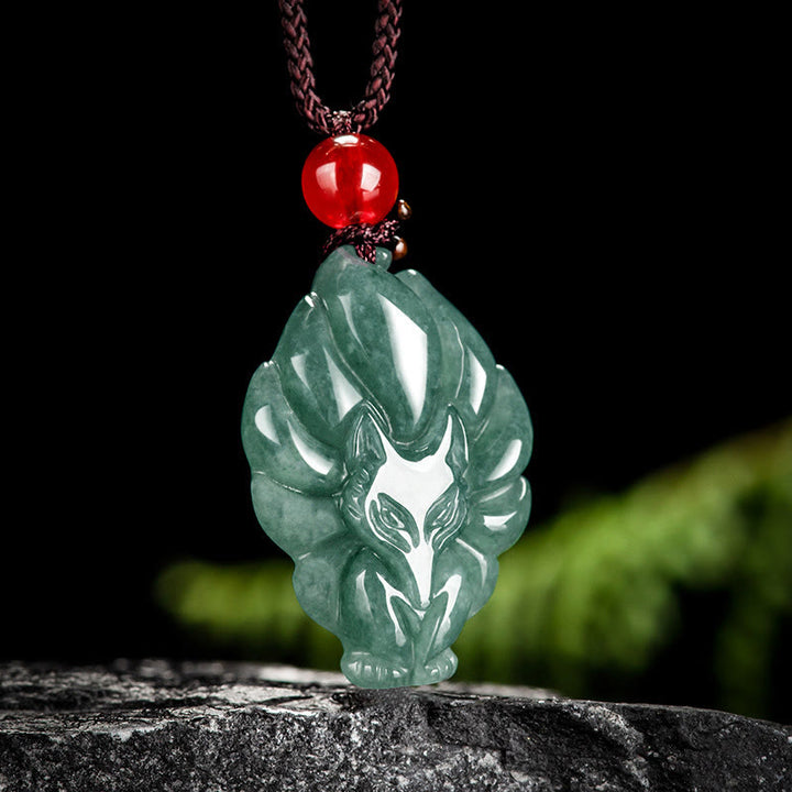 Buddha Stones Natural Green Jade Nine Tailed Fox Luck Necklace Pendant - image 2