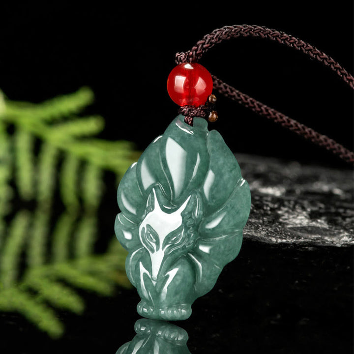 Buddha Stones Natural Green Jade Nine Tailed Fox Luck Necklace Pendant - image 1