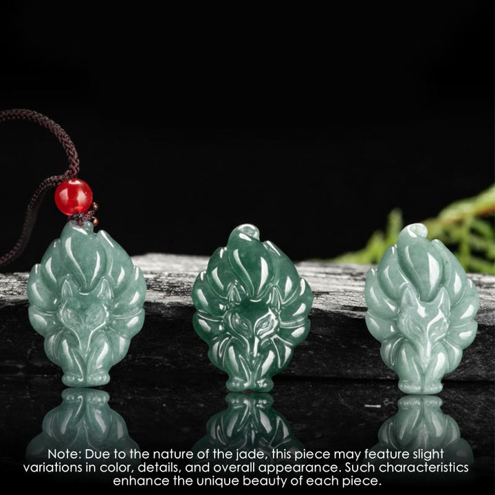 Buddha Stones Natural Green Jade Nine Tailed Fox Luck Necklace Pendant - image 7