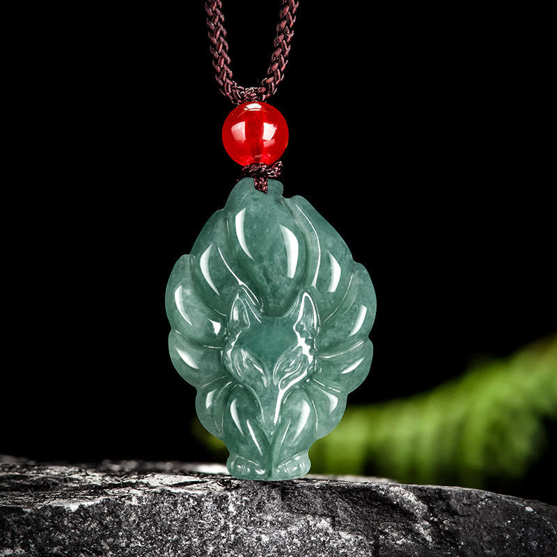 Buddha Stones Natural Green Jade Nine Tailed Fox Luck Necklace Pendant - Jade - image 0