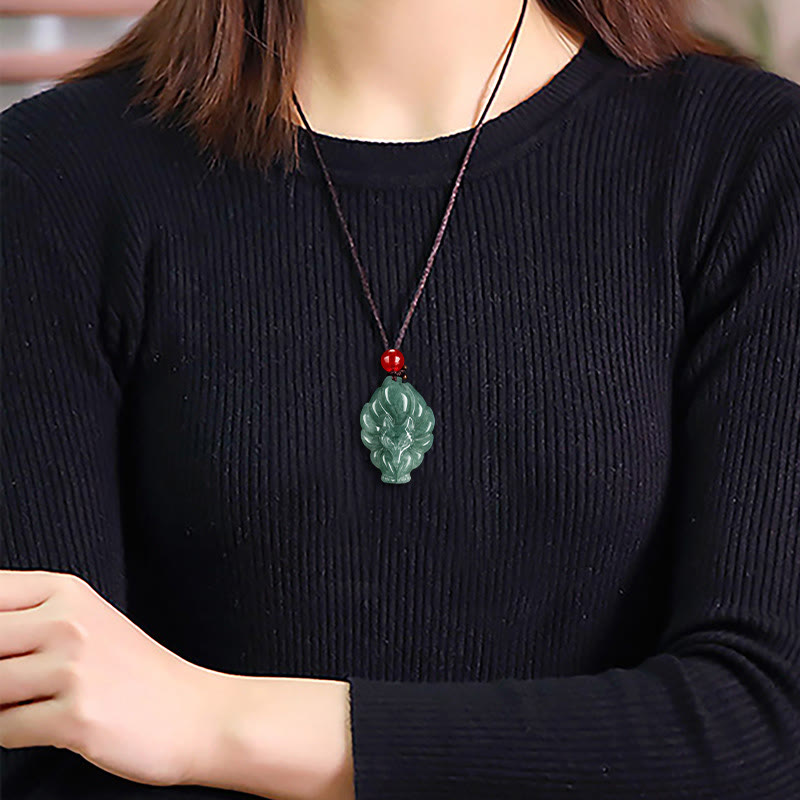Buddha Stones Natural Green Jade Nine Tailed Fox Luck Necklace Pendant - image 9