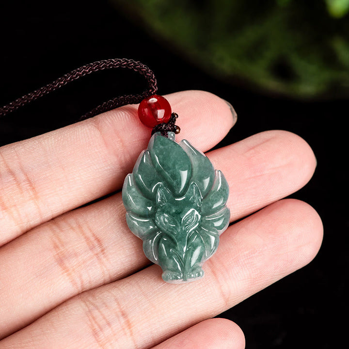 Buddha Stones Natural Green Jade Nine Tailed Fox Luck Necklace Pendant - image 4
