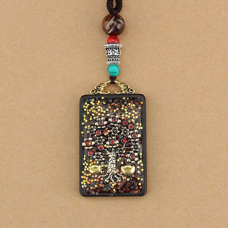 Buddha Stones Tibet God Of Wealth Money Tree Golden Phoenix Thangka Ebony Peace Necklace Pendant - image 11