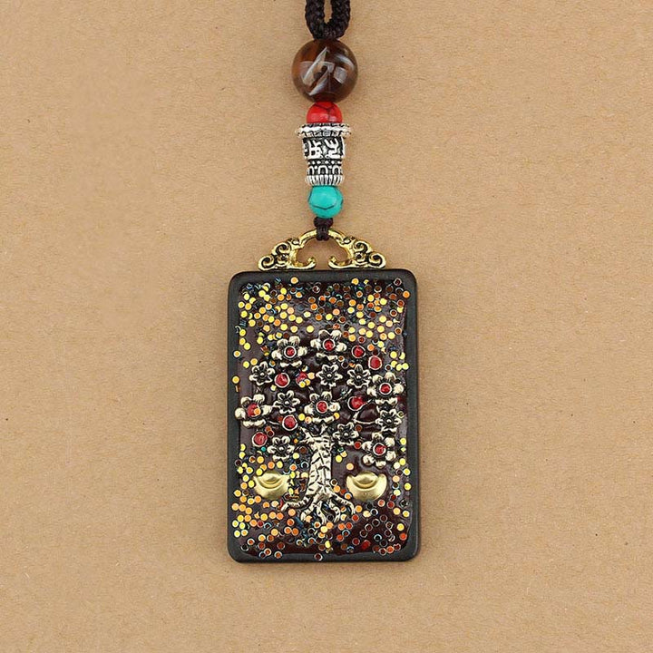 Buddha Stones Tibet God Of Wealth Money Tree Golden Phoenix Thangka Ebony Peace Necklace Pendant - image 11