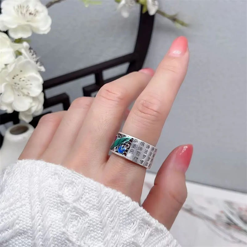 Buddha Stones Copper Blue Enamel Lotus Heart Sutra Koi Fish Luck Ring - image 14
