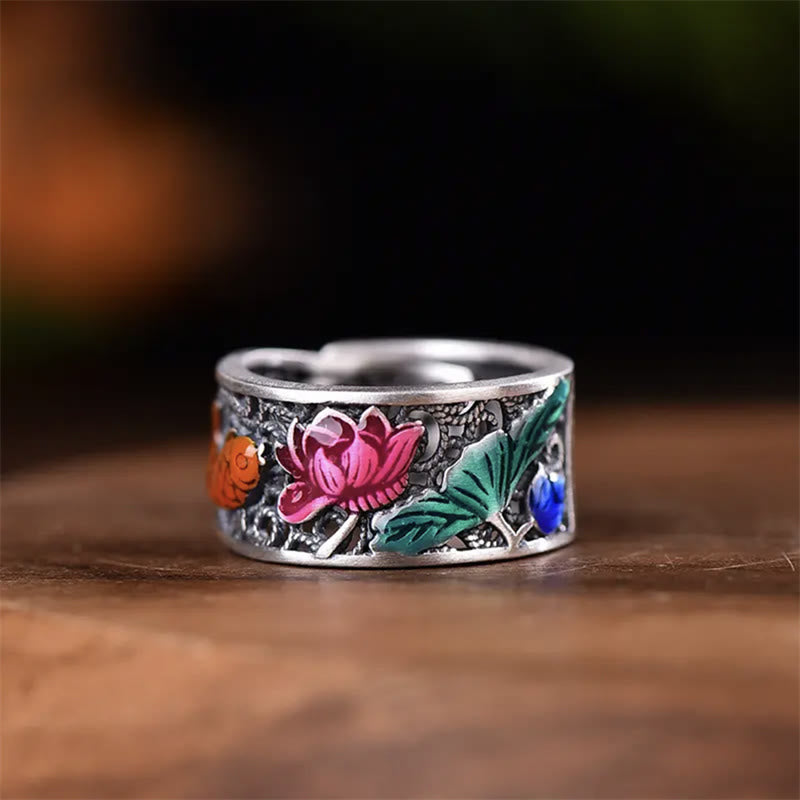 Buddha Stones Copper Blue Enamel Lotus Heart Sutra Koi Fish Luck Ring - image 1