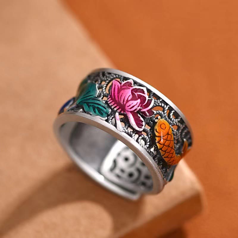 Buddha Stones Copper Blue Enamel Lotus Heart Sutra Koi Fish Luck Ring - Lotus Heart Sutra Koi Fish - image 0