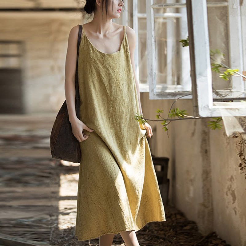 Buddha Stones Summer Spaghetti Strap Handmade Tie Dye Linen Midi Cami Dress - image 1